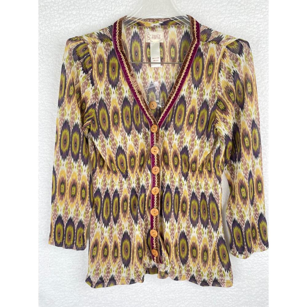 Tracy Porter Ikat Peacock Print Button Front Cardigan Top Velvet Trim Size 4-6